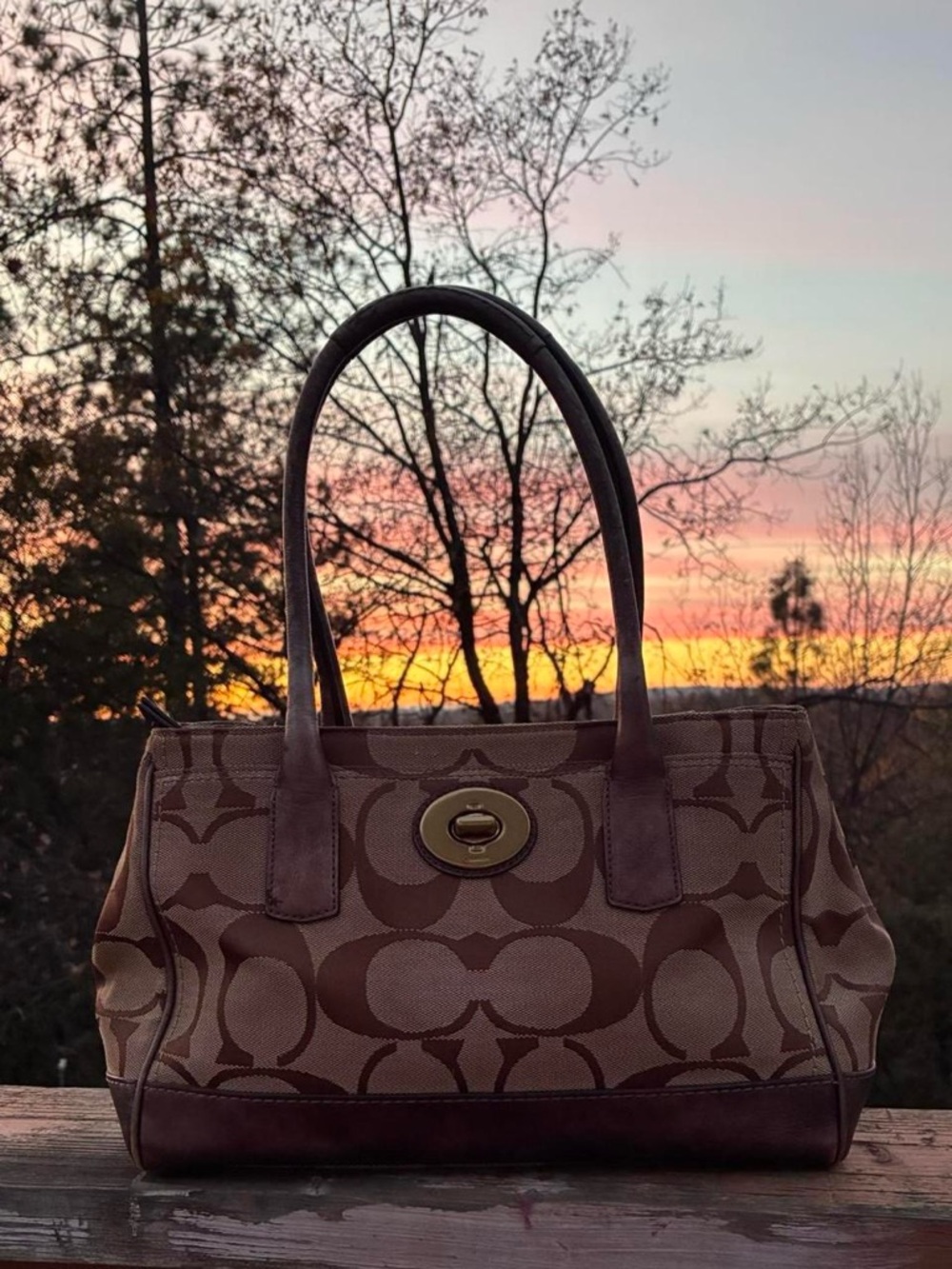 Coach Brown Signature Jacquard Canvas Tote with Metallic Brown Trim & turn lock - Picture 4 of 11